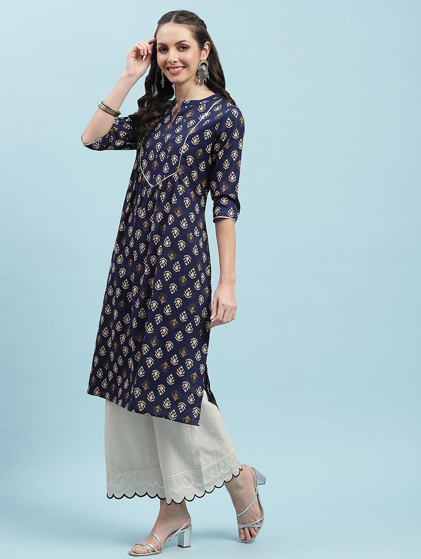 women printed three quarter sleeves straight kurta - 21714237 - Standard Image - 1