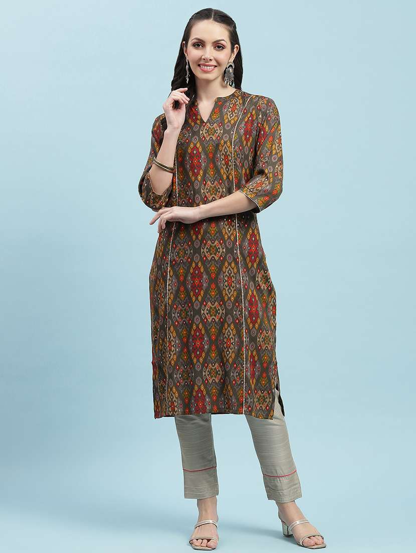 women printed three quarter sleeve straight kurta - 21714242 -  Standard Image - 1