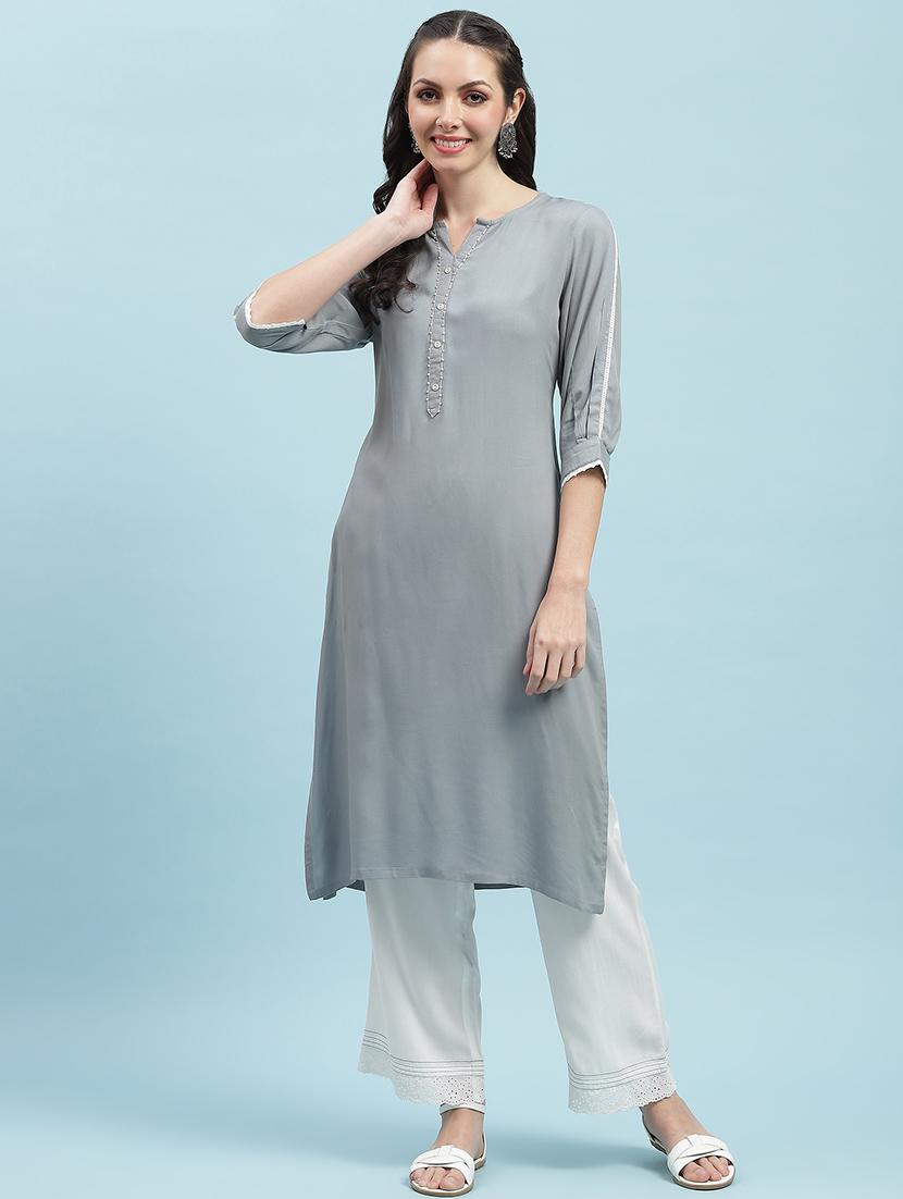 women solid three quarter sleeve straight kurta - 21714248 - Standard Image - 1