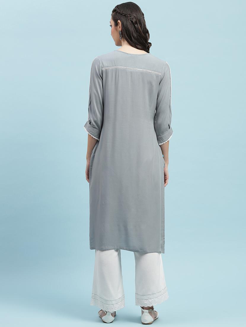 women solid three quarter sleeve straight kurta - 21714248 - Standard Image - 4