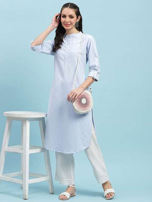 women solid three quarter sleeve straight kurta - 21714251 - Standard Image - 0