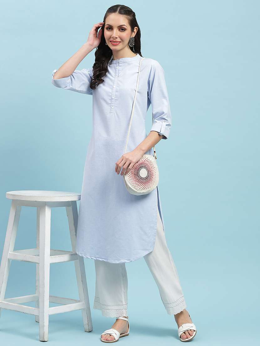 women solid three quarter sleeve straight kurta - 21714251 - Zoom Image - 0