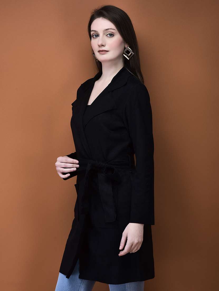 women solid long sleeves long coat - 21714318 -  Standard Image - 1