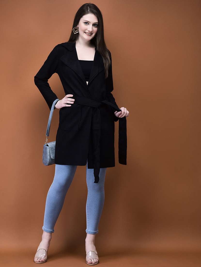 women solid long sleeves long coat - 21714318 -  Standard Image - 4