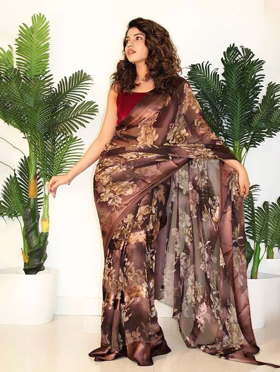 women brown floral printed saree with blouse - 21714831 -  Standard Image - 1