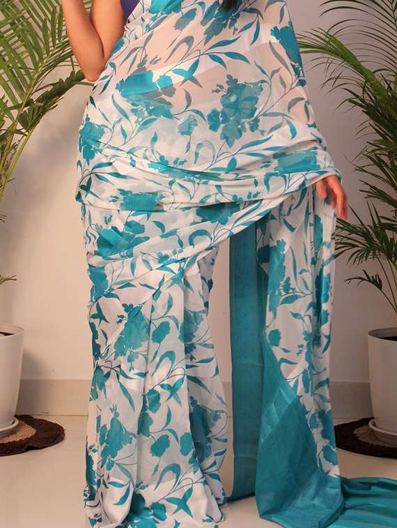 women turquoise floral printed saree with blouse - 21714848 -  Standard Image - 1