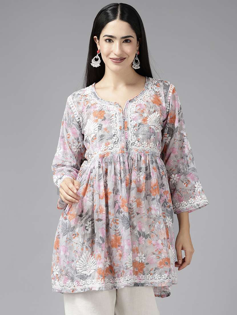 women notch neck chikankari flared kurti