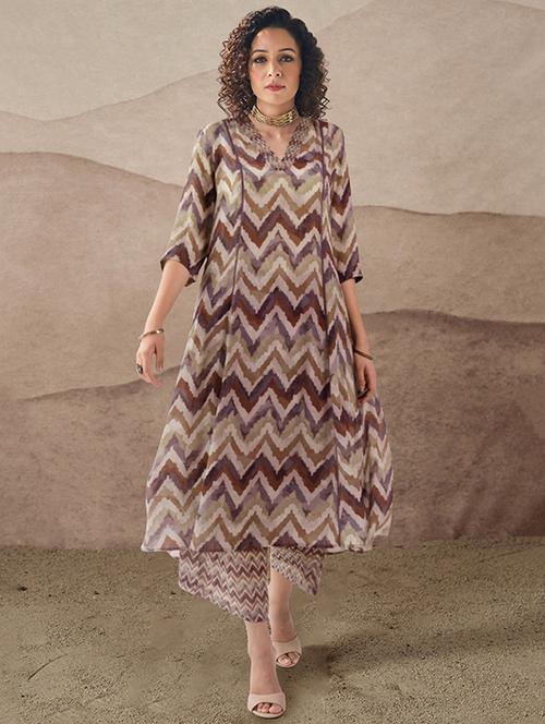 women chevron three quarter sleeve kurta palazzo set - 21715110 -  Standard Image - 0