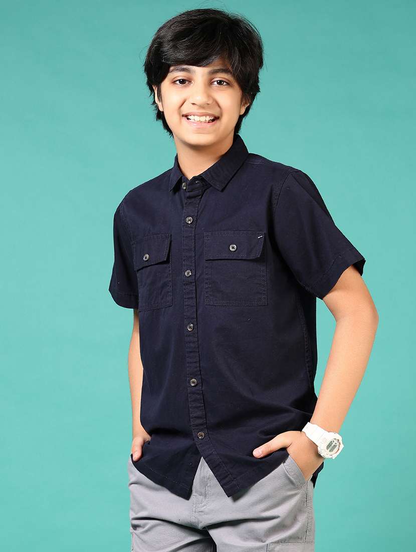 boys navy blue solid collared short sleeve shirt - 21715493 -  Standard Image - 1