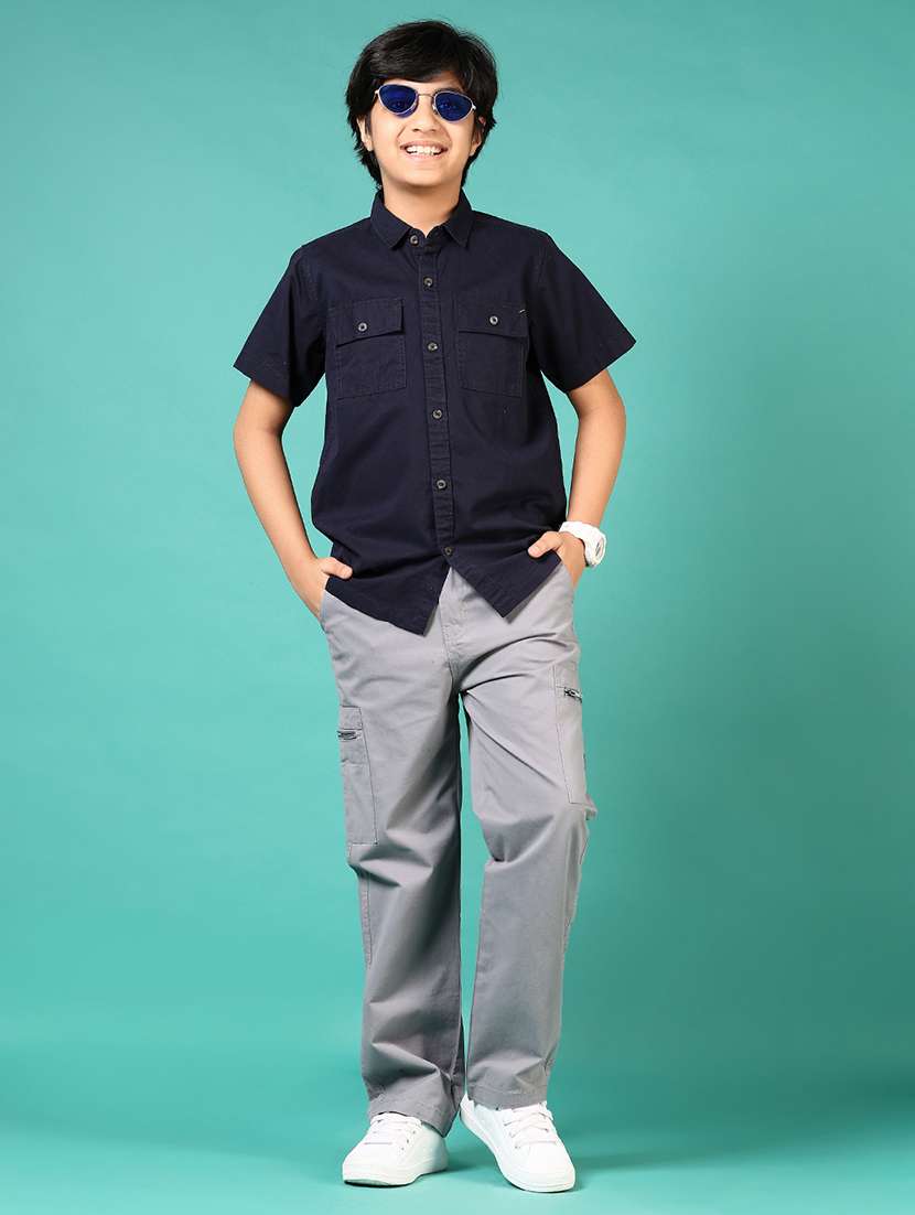 boys navy blue solid collared short sleeve shirt - 21715493 -  Standard Image - 4