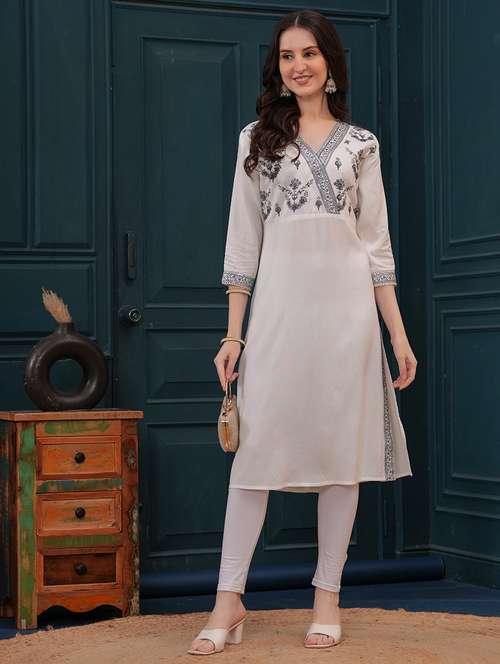 women white embroidered v neck a-line kurta - 21715670 - Standard Image - 0