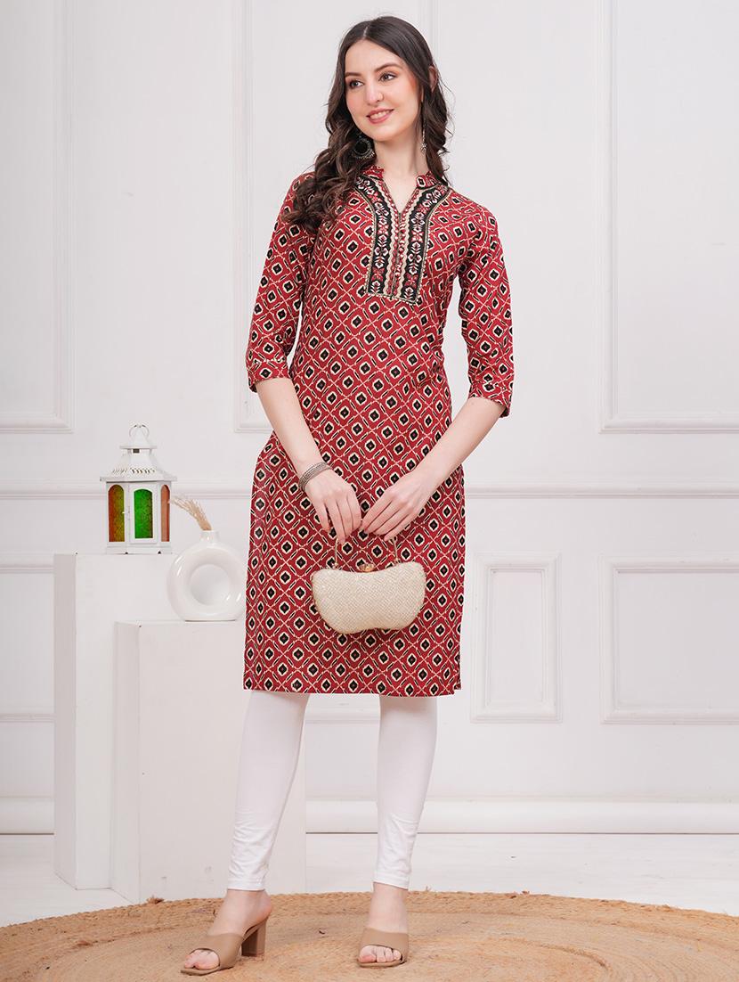 women printed three quarter sleeve straight kurta - 21715673 -  Zoom Image - 0