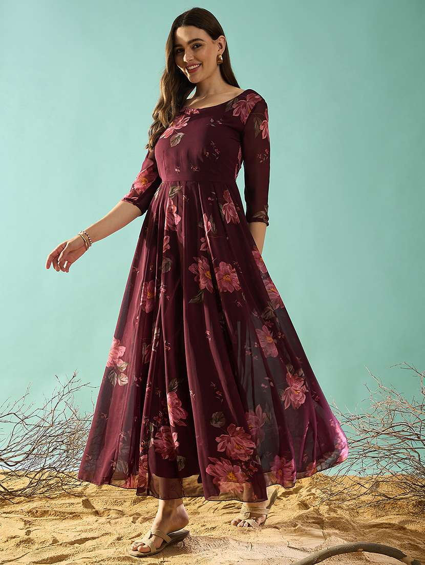 women floral printed round neck fit & flare dress - 21715817 - Standard Image - 1