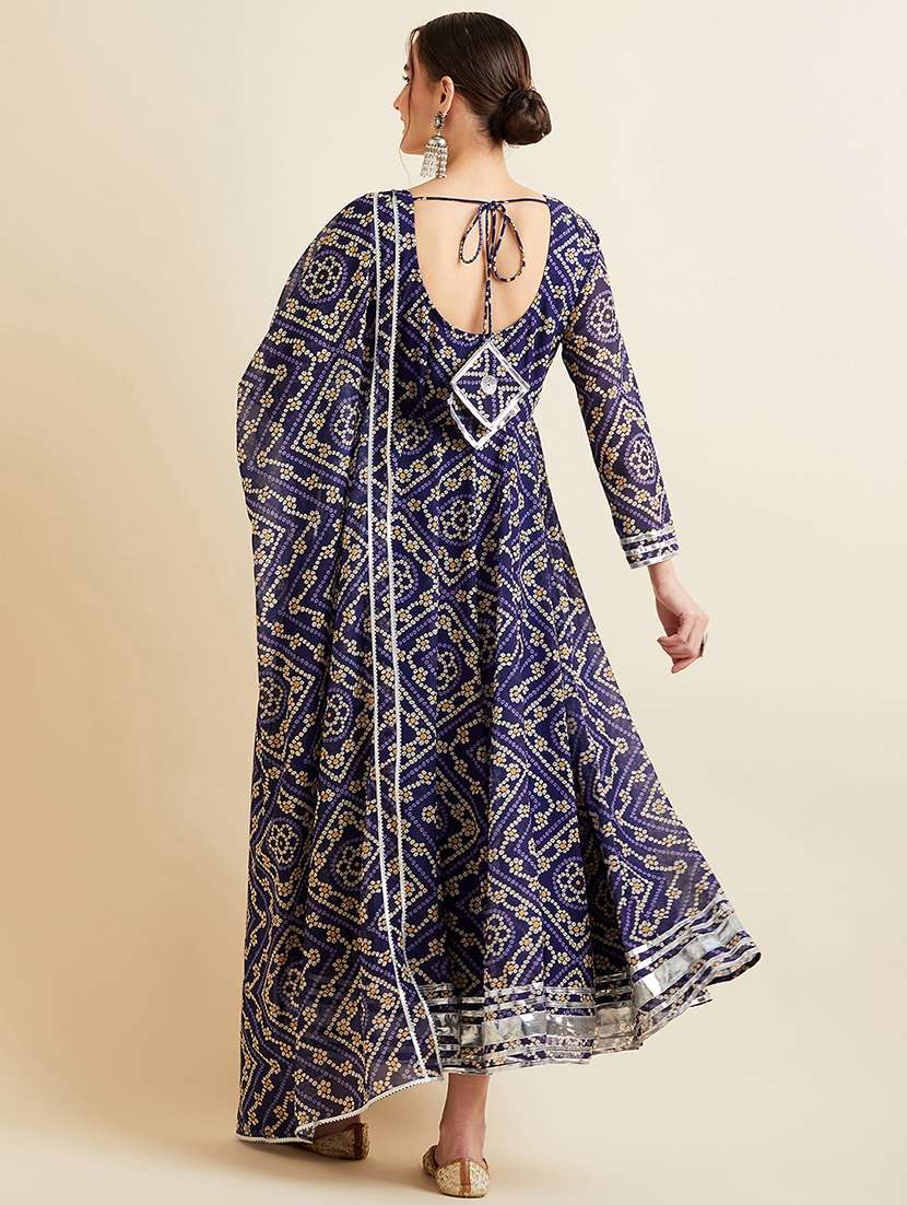 Women Navy Blue Printed Round Neck Kurta Dupatta Set