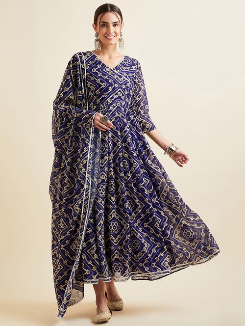 women navy blue printed round neck kurta dupatta set - 21715822 - Standard Image - 0