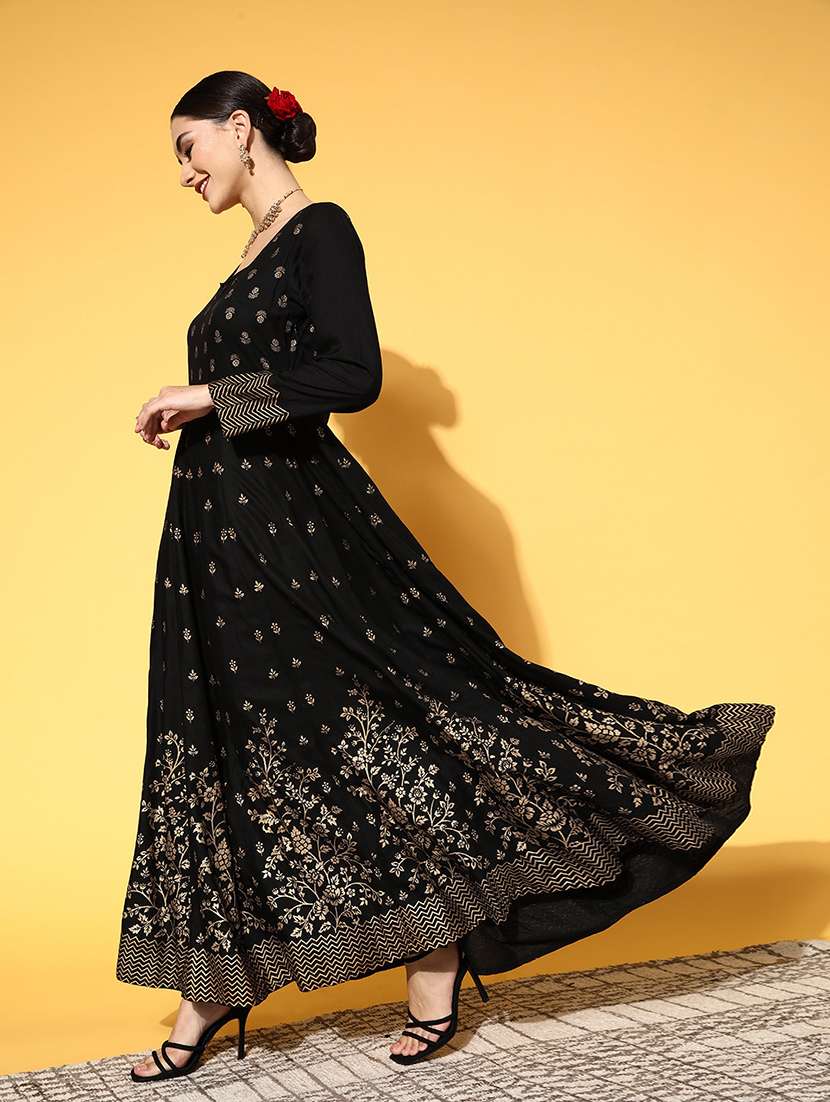 women black foil printed kurta dupatta set - 21715841 -  Standard Image - 1