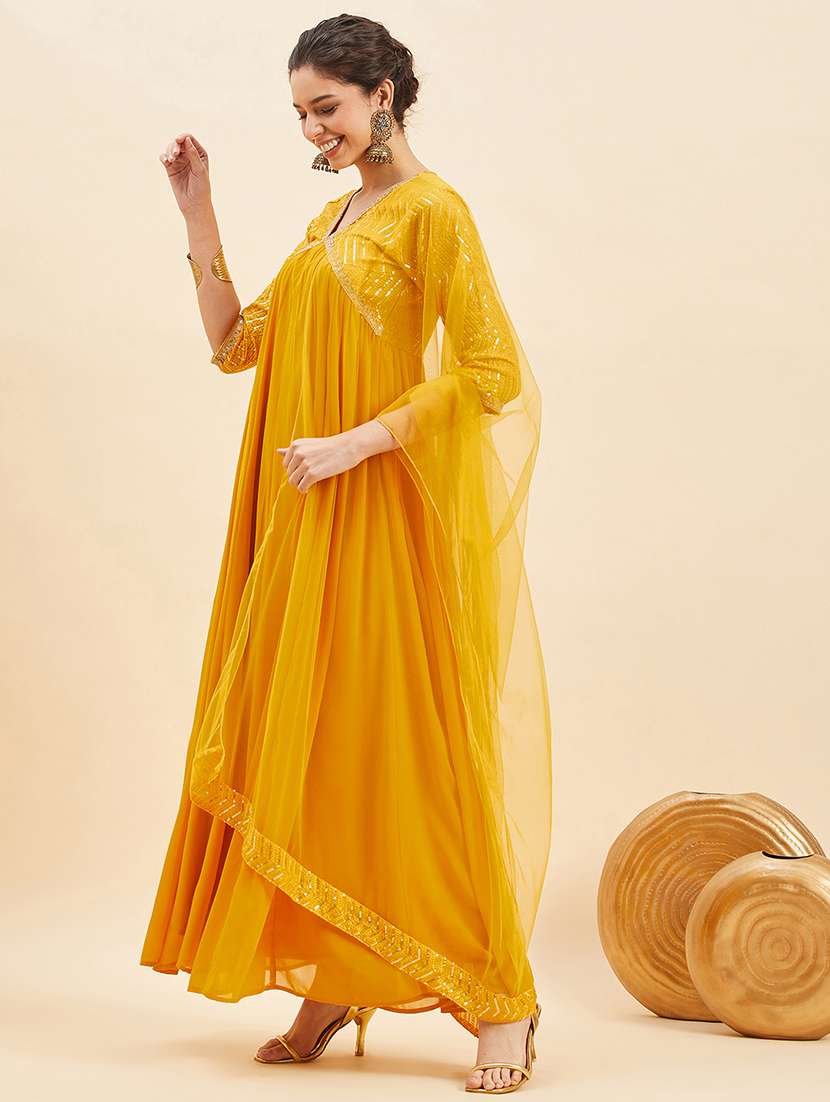 women mustard sequin work kurta dupatta set - 21715851 - Standard Image - 1