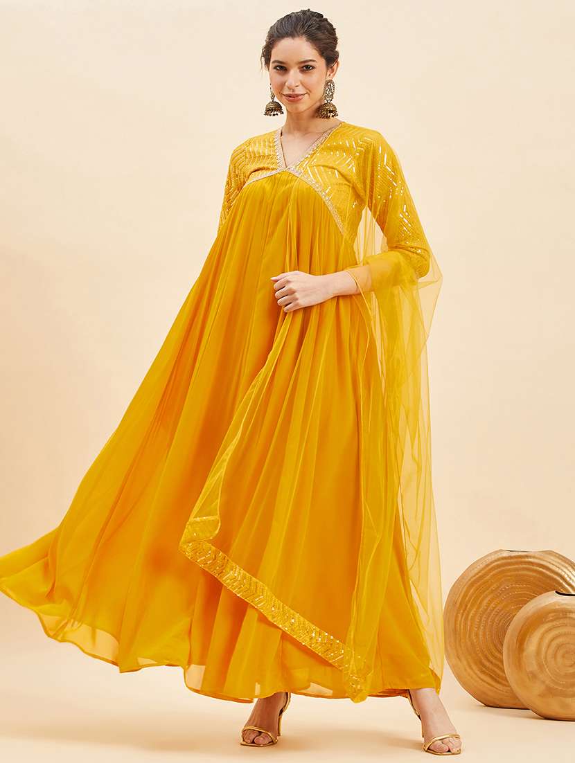 women mustard sequin work kurta dupatta set - 21715853 -  Standard Image - 4