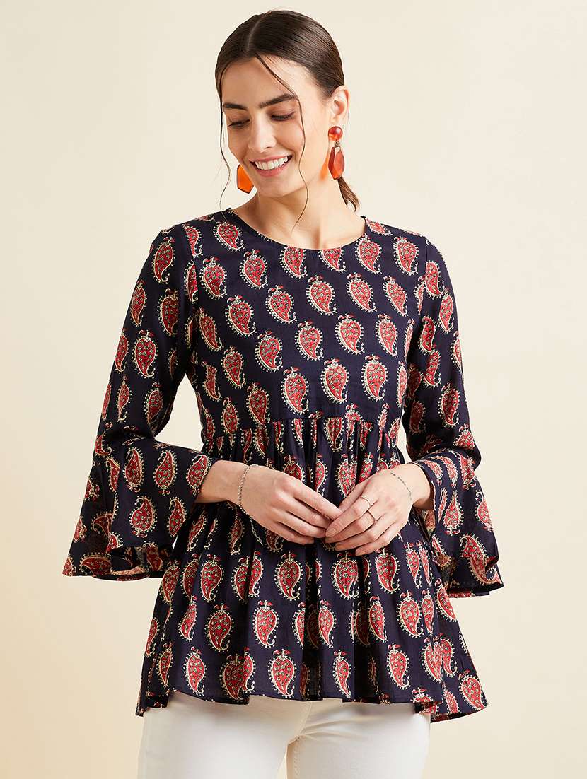 women paisley printed round neck flared kurti