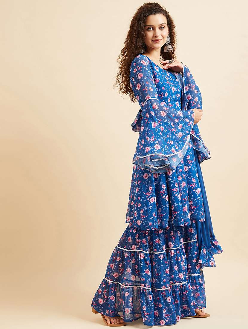 women blue floral bell sleeve kurta sharara with dupatta set - 21715956 -  Standard Image - 1