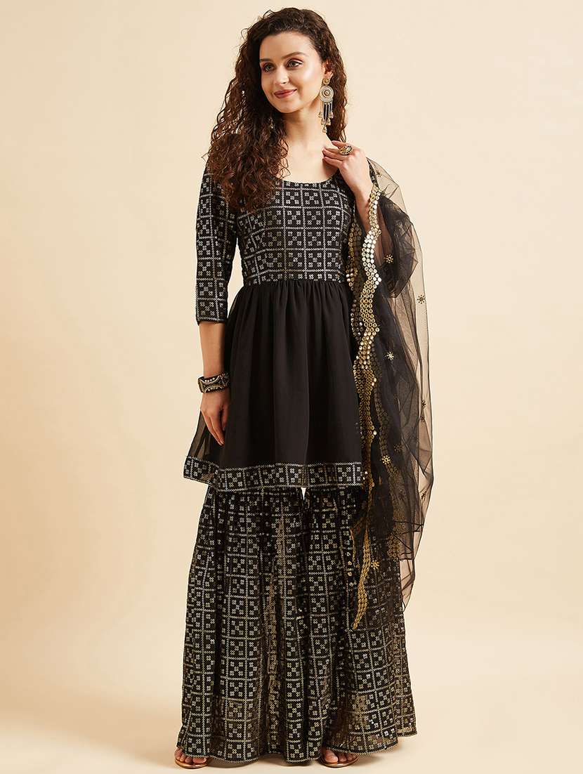 women three quarter sleeve kurta sharara with dupatta set 