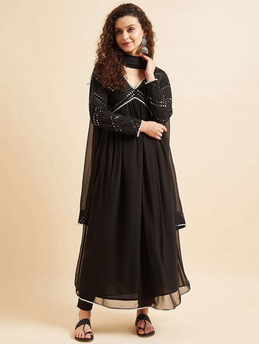 women black long sleeve kurta pant with dupatta set 