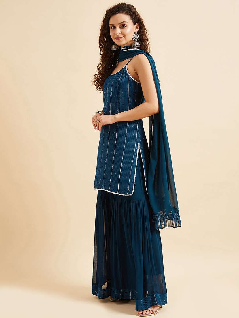 women teal sleeveless kurta sharara with dupatta set  - 21715966 -  Standard Image - 1