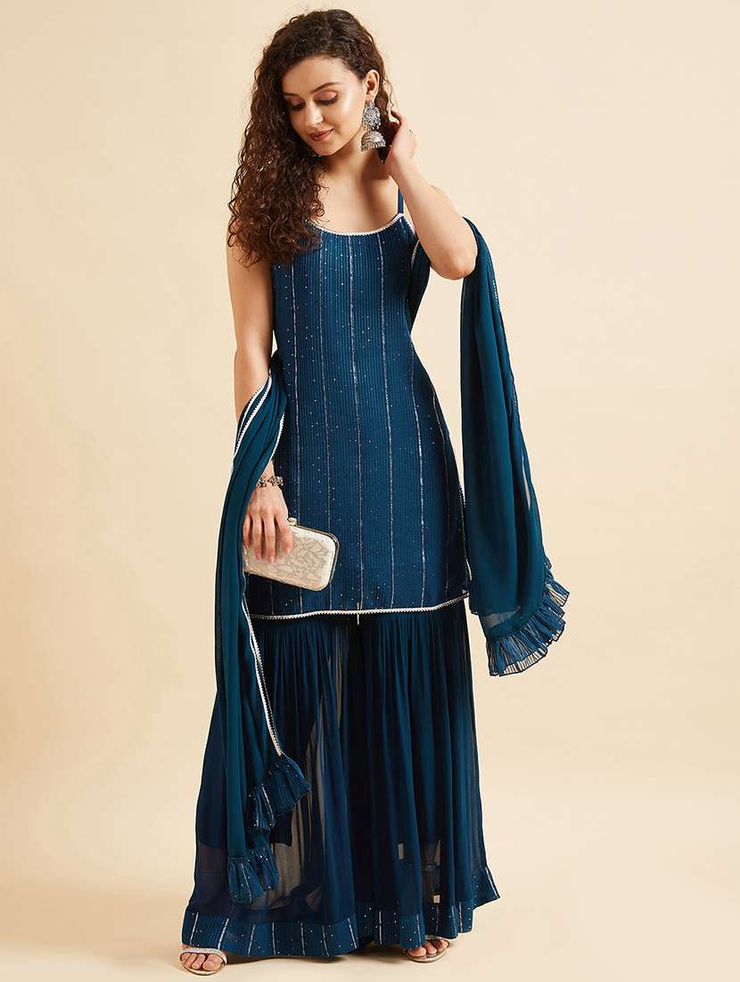 women teal sleeveless kurta sharara with dupatta set  - 21715966 -  Standard Image - 4