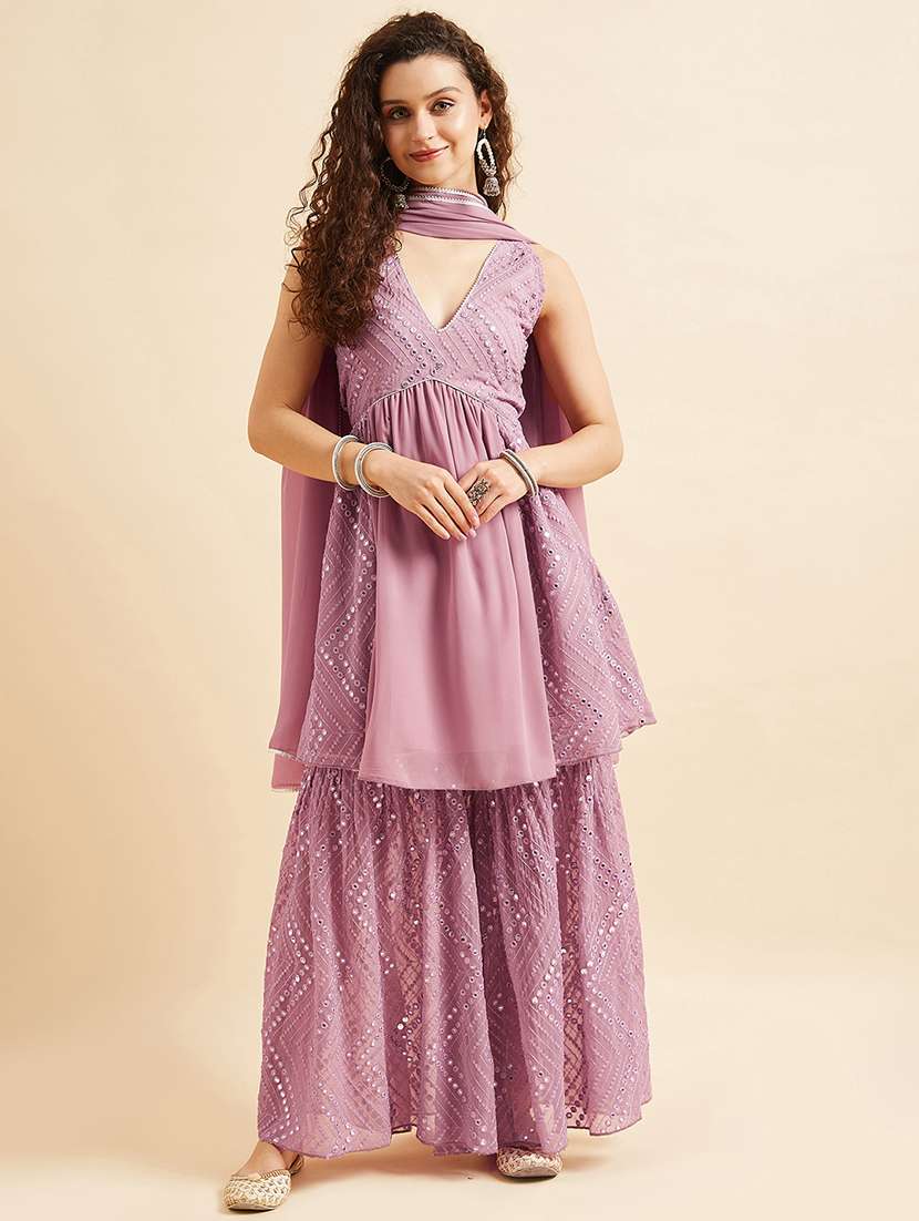 women lavender sleeveless kurta sharara with dupatta set 