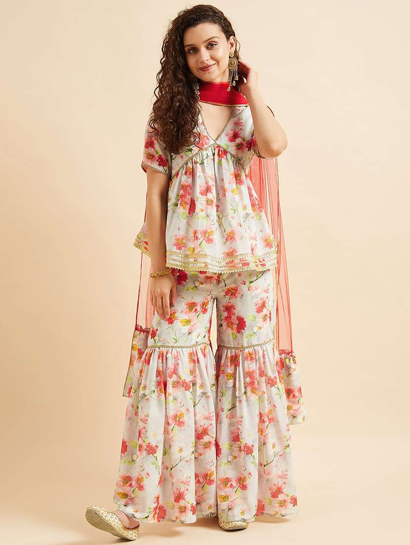 women floral short sleeve kurta sharara with dupatta set 