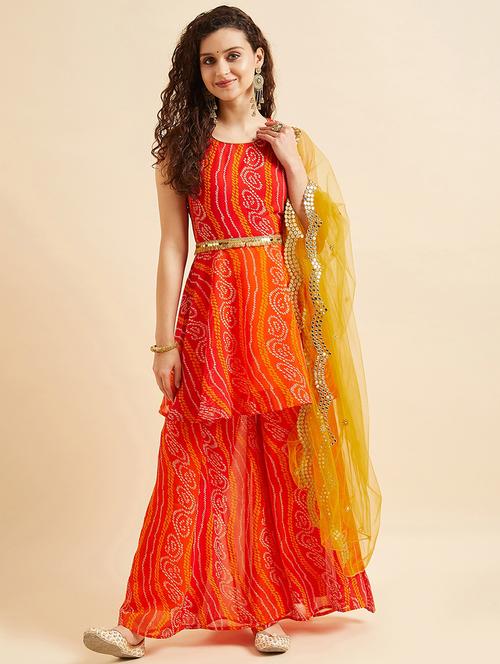 women orange sleeveless kurta sharara with dupatta set  - 21715983 -  Standard Image - 0