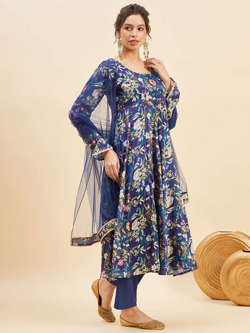 Women Navy Blue Long Sleeve Anarkali Kurta Pant With Dupatta Set 