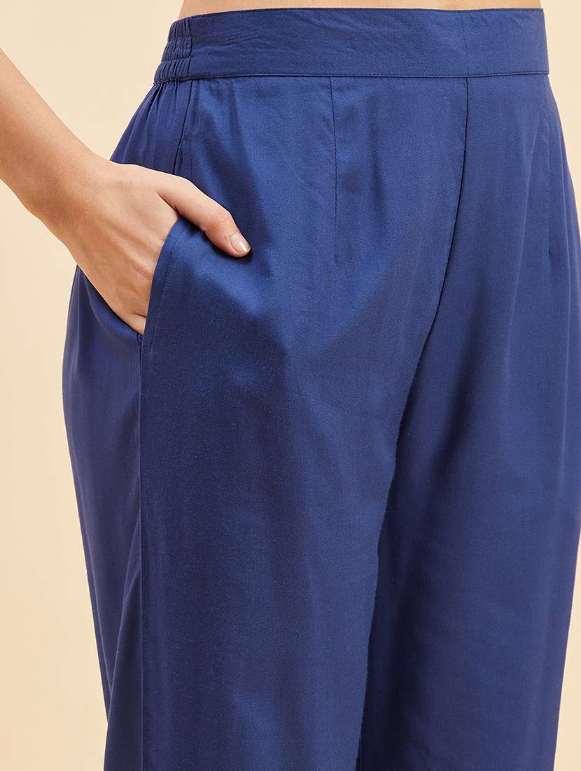 Women Navy Blue Long Sleeve Anarkali Kurta Pant With Dupatta Set 
