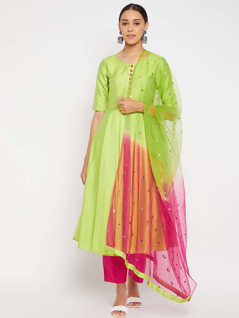 women green elbow sleeve kurta pant with dupatta set 