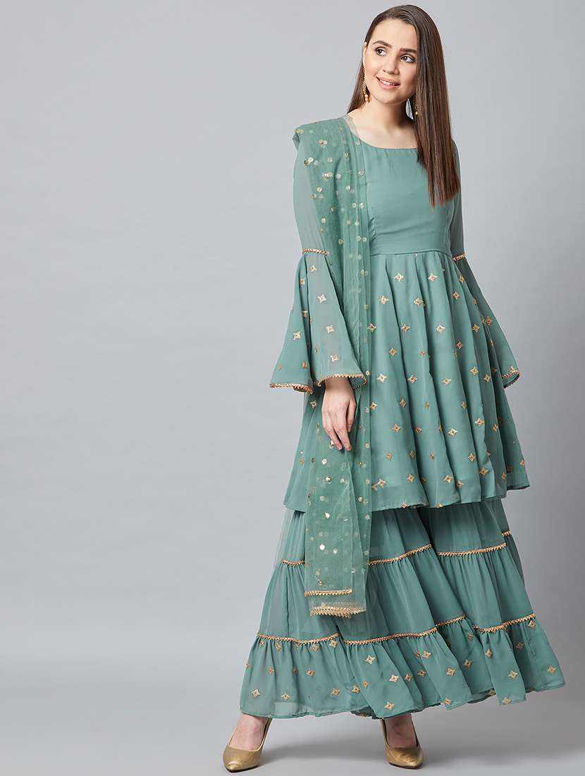 women sea green bell sleeve kurta sharara with dupatta set 