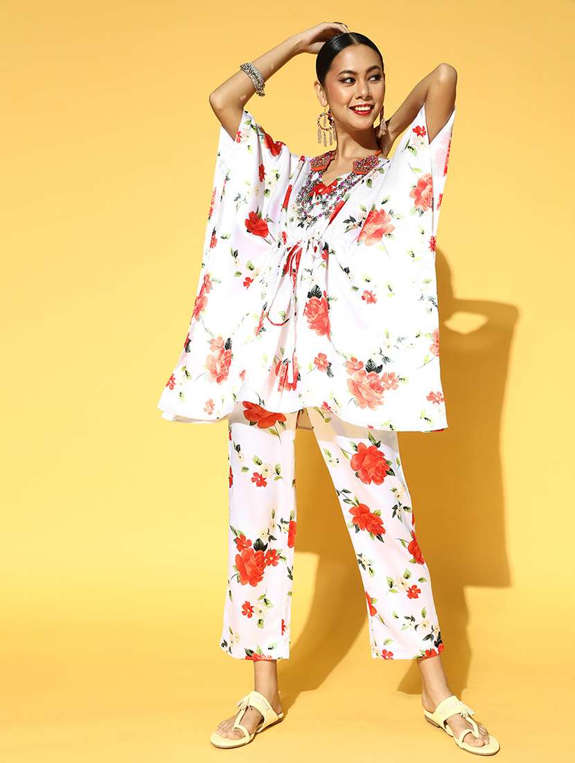 Women White Floral Printed Ethnic  Co Ord Set