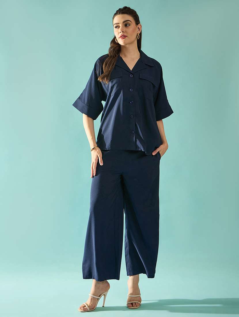 women solid shirt and trouser co-ord set
