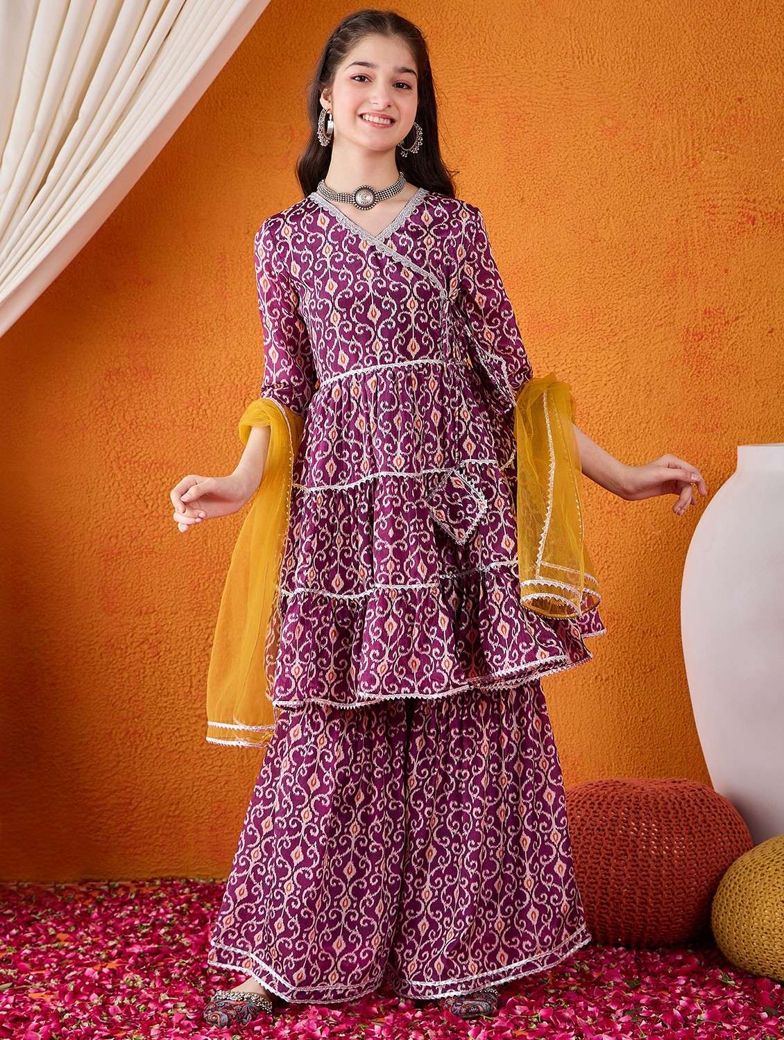 girls printed kurta sharara suit set