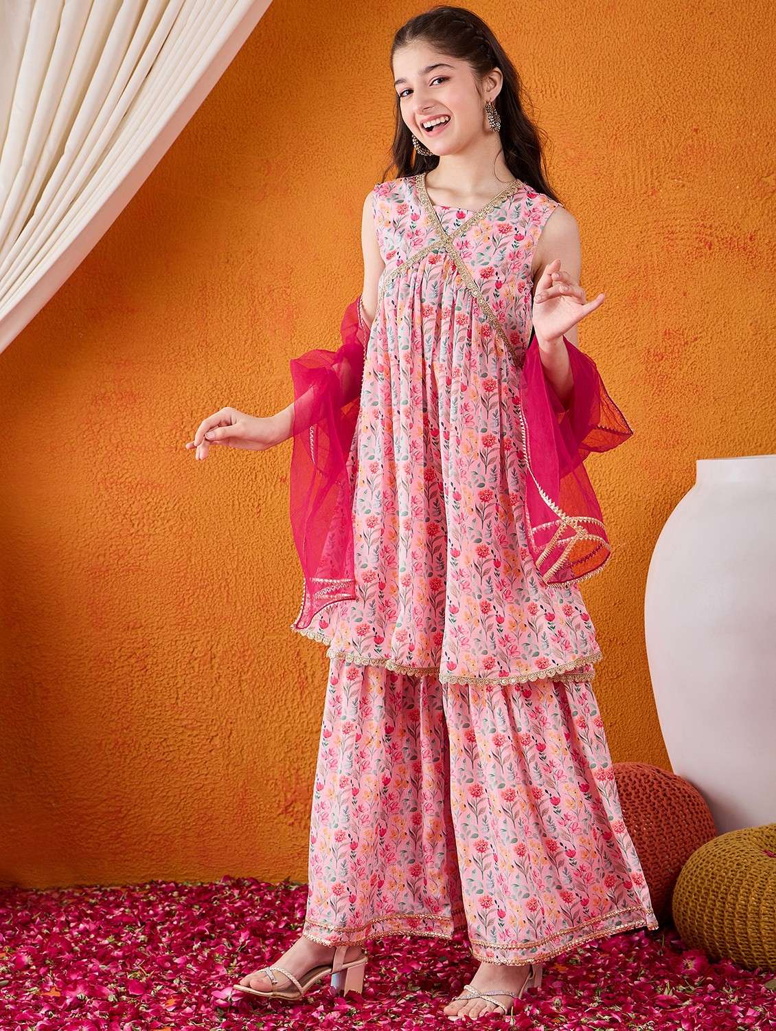 girls printed kurta sharara suit set