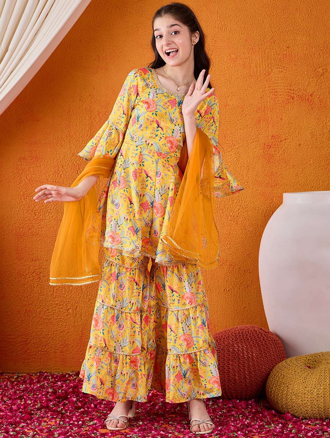 girls printed kurta sharara suit set