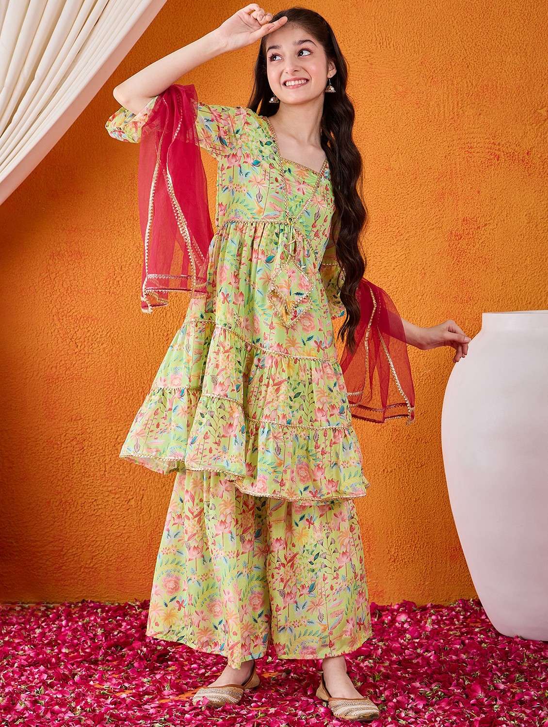 girls printed kurta sharara suit set