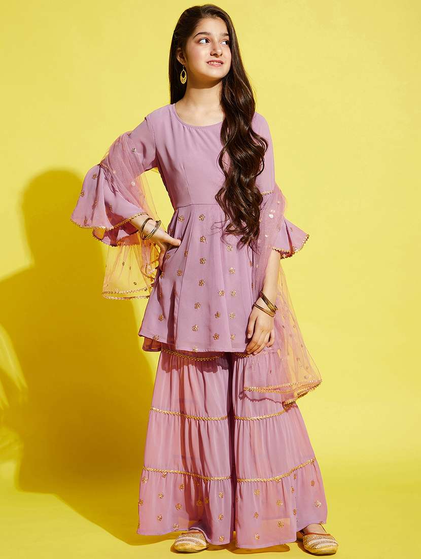 girls embroidered kurta sharara suit set - 21716063 -  Standard Image - 4
