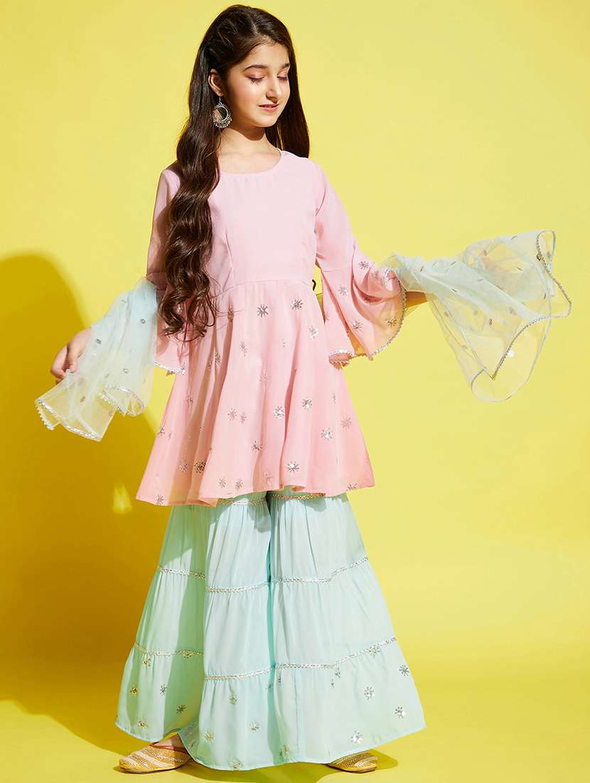 girls embroidered kurta sharara suit set - 21716064 - Standard Image - 4