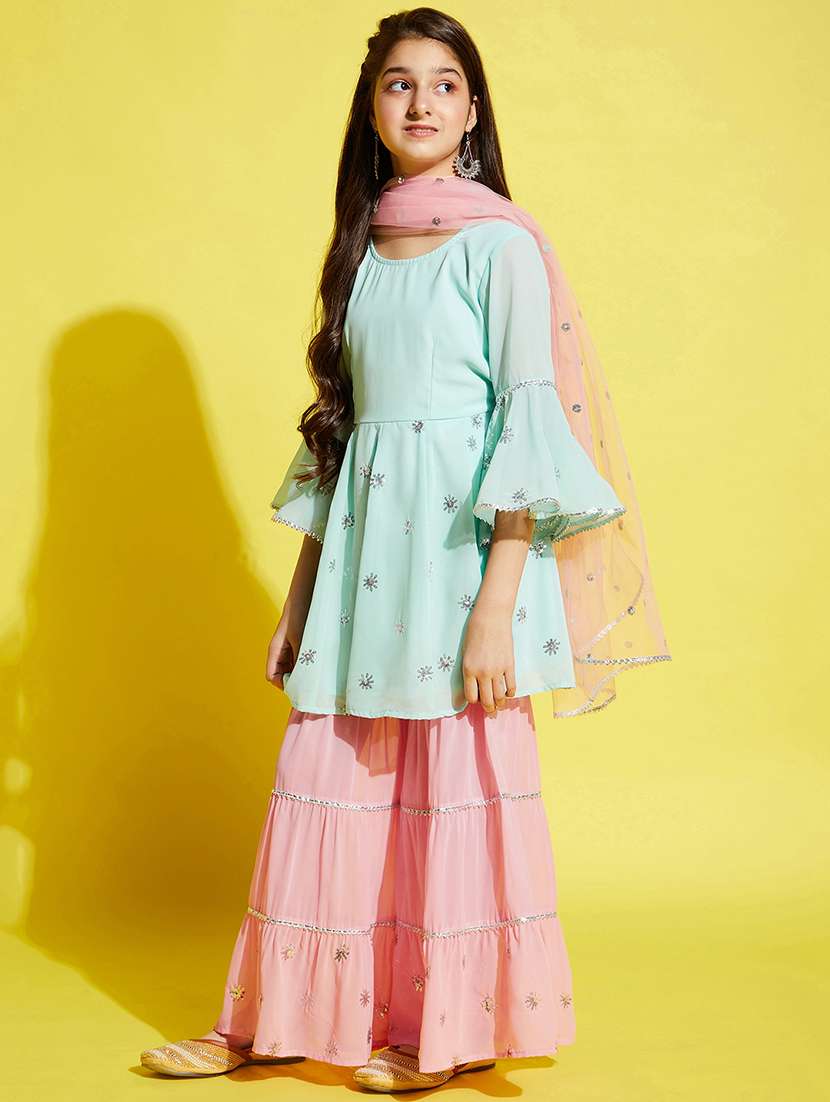 girls embroidered kurta sharara suit set - 21716065 - Standard Image - 1