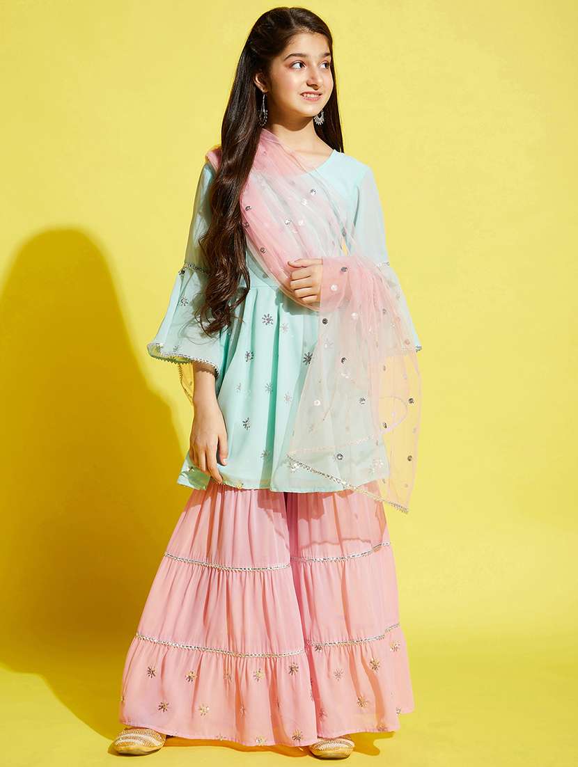 girls embroidered kurta sharara suit set - 21716065 - Standard Image - 4