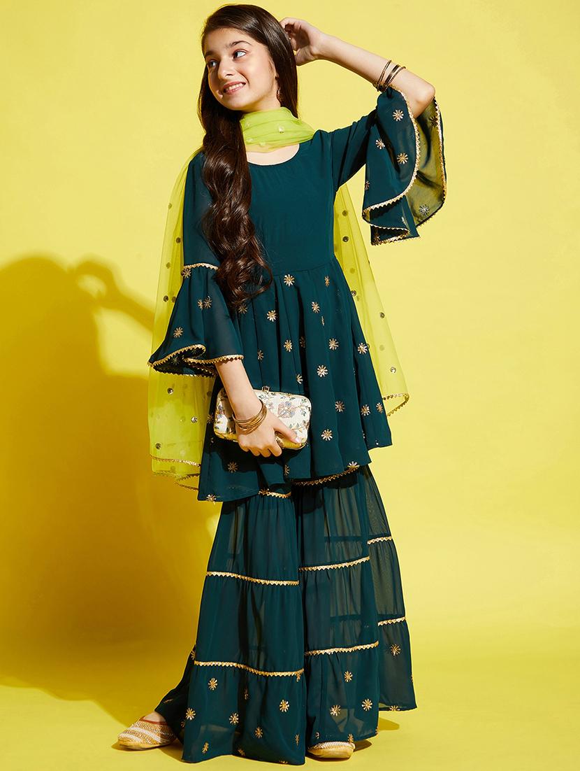 girls embroidered kurta sharara suit set - 21716066 - Standard Image - 4