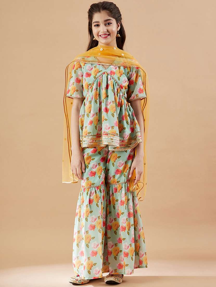 girls printed kurta sharara suit set