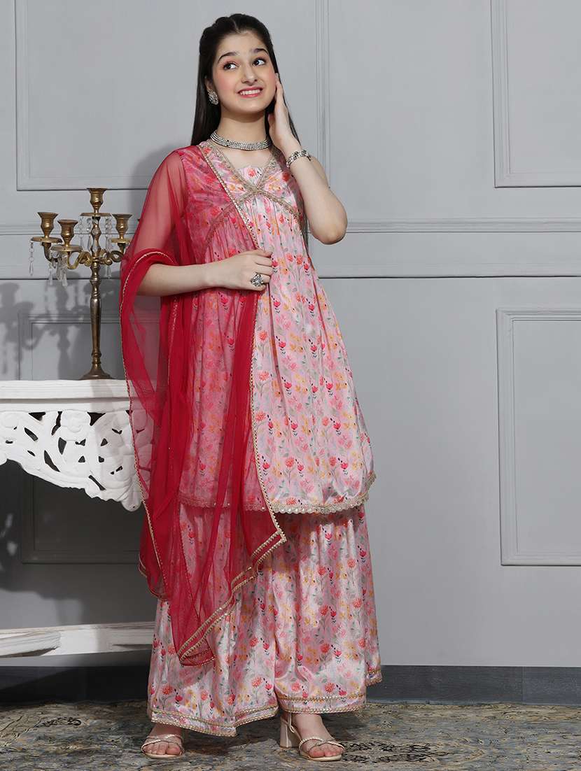girls floral printed kurta sharara set with dupatta
