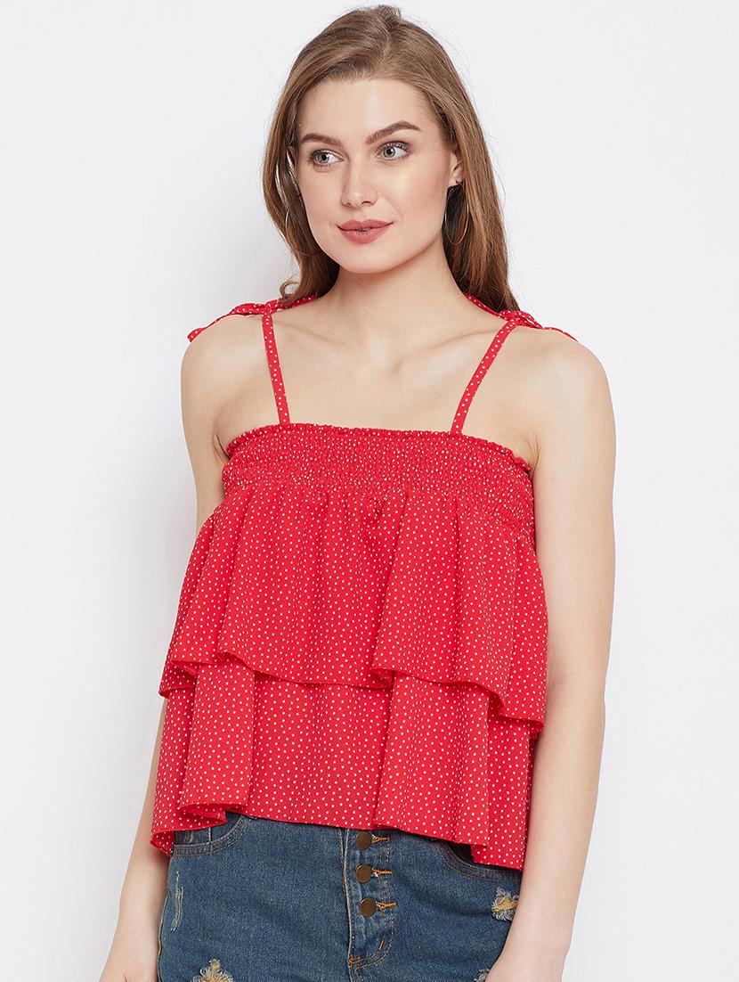 women printed shoulder strap ruffled top - 21716157 - Zoom Image - 0
