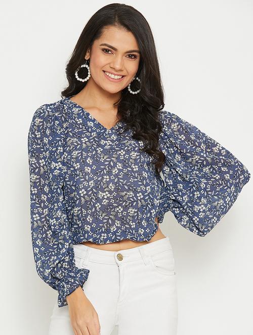 women floral print long sleeves crop top - 21716159 - Standard Image - 0